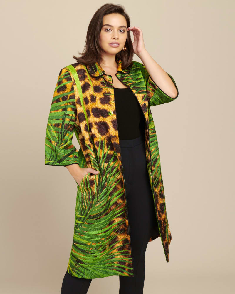Front of a model wearing a size XL Jungle Print Overcoat in Brown by Naeem Khan. | dia_product_style_image_id:231610